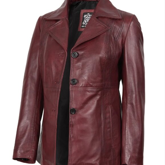 Womens Three Button Burgundy NEW Leather Blazer Sz M - Picture 5 of 10